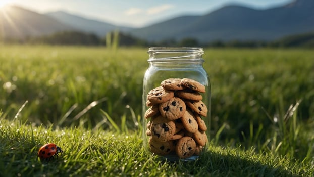Jar of freshly baked chocolate chip cookies placed on green grass with mountains in the background photo