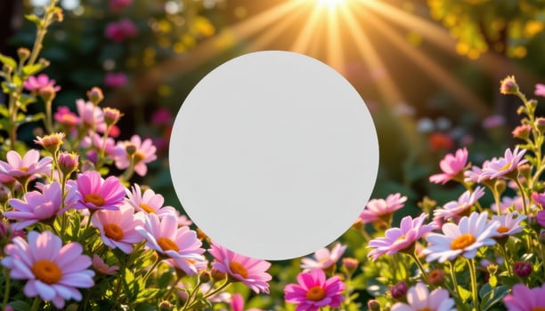 bright flowers create circular blank for text, glowing softly beneath radiant golden sunlight in peaceful garden. photo