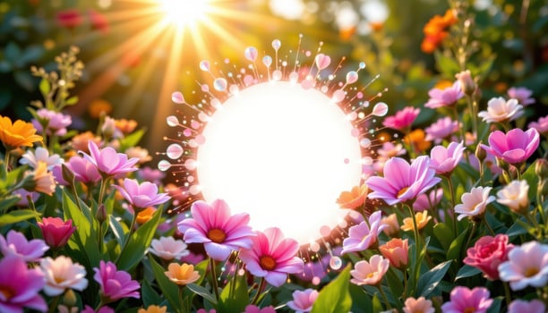 riadiant petals surround circular blank for text, colors shining softly beneath golden sunlight in peaceful garden above. photo