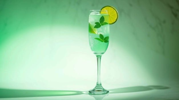 A glass of green drink with lime and mint photo