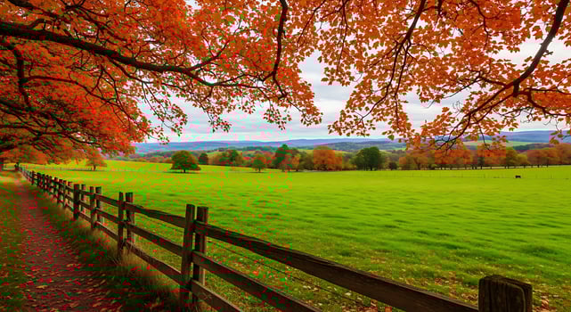 Vibrant autumn landscape with wooden fence and colorful trees in rural countryside scenic view photo