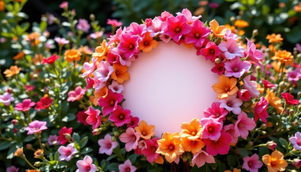 a ring of vibrant blossoms surrounds blank circle for writing, glowing warmly beneath soft sunlight in garden. photo