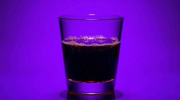 A shot of cola in a glass on a purple background photo