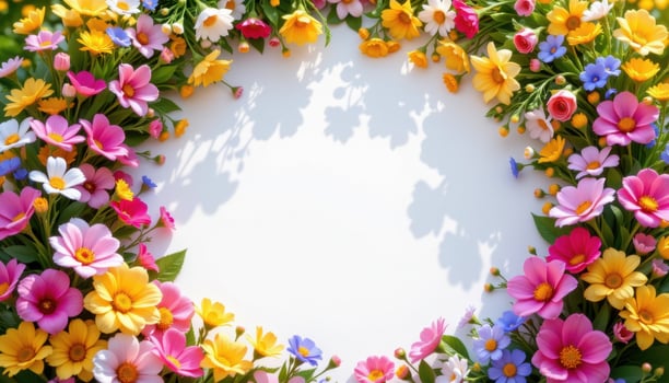 a wreath of vivid flowers surrounds empty round space for writing, radiant beneath gentle golden afternoon sunlight. photo