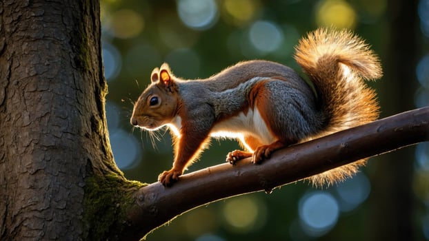 Squirrel perched on a branch in a sunlit forest, surrounded by soft bokeh background photo