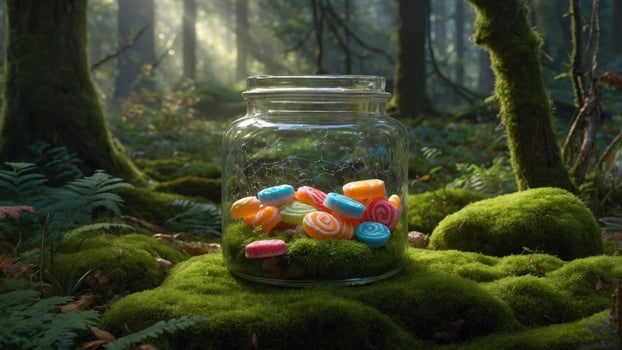 Colorful candies in a glass jar nestled among lush green moss in a serene forest setting photo