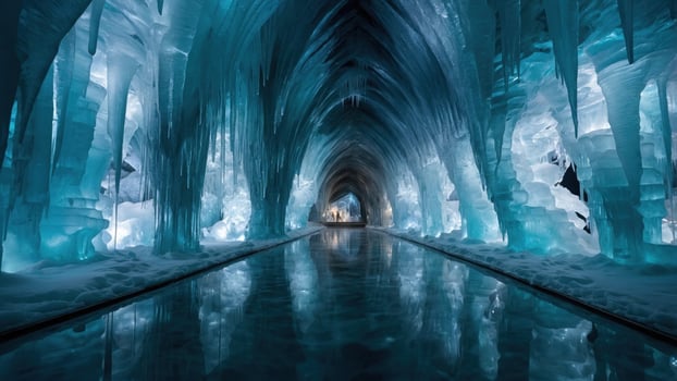 Stunning ice cave with illuminated blue icicles reflecting in the water, creating a serene atmosphere photo