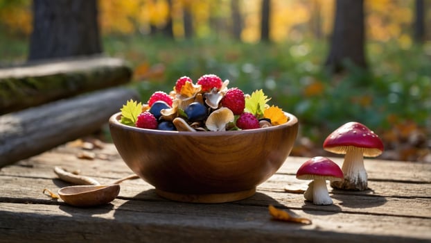 A vibrant wooden bowl filled with fresh berries and nuts on a rustic table in a colorful autumn forest photo