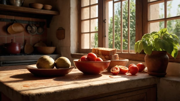 Rustic kitchen scene featuring fresh tomatoes and avocados on a wooden table with sunlight streaming through photo