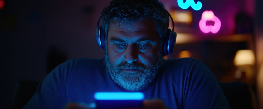 Night Gamer Man with Headphones Immersed in Mobile Game photo
