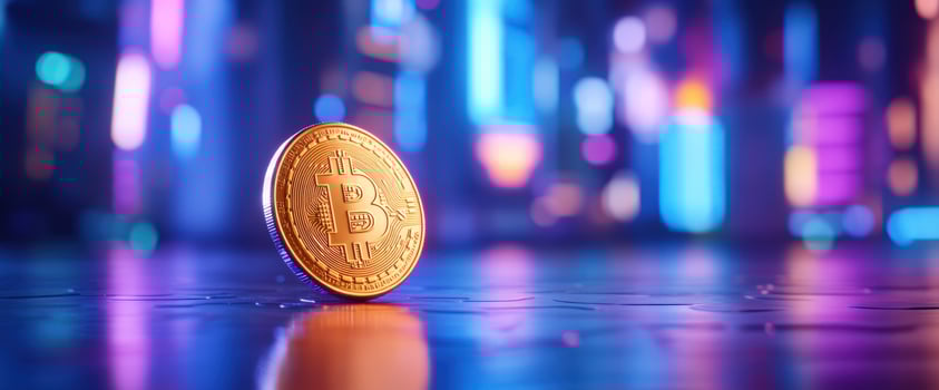 Bitcoin in Neon Cityscape Digital Currency in a Futuristic Setting photo