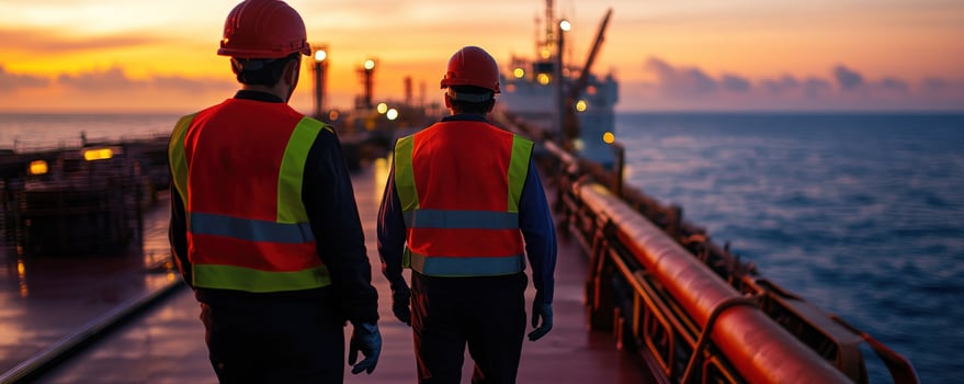 Sunset Silhouette of Two Workers Walking on Oil Tanker photo