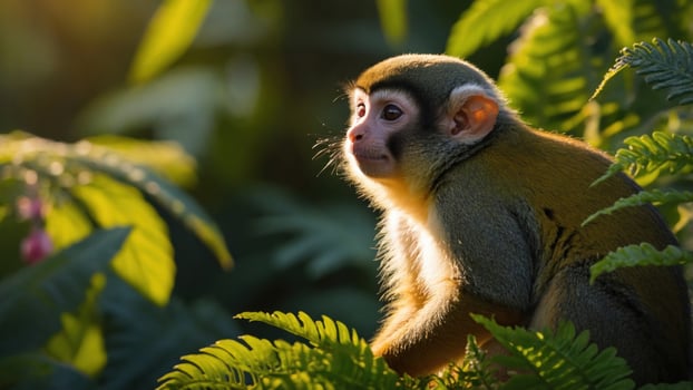 Playful monkey sitting on lush green ferns, basking in warm sunlight, surrounded by nature's beauty photo