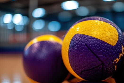 Closeup of Two Purple and Yellow Volleyballs in a Gym photo