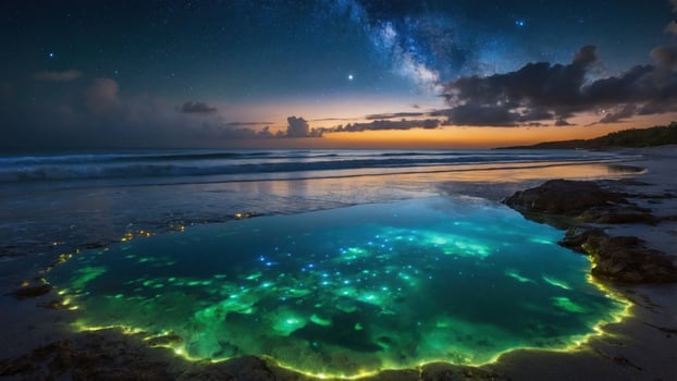 Serene night beach scene with bioluminescent water, starlit sky, and distant clouds at sunset photo