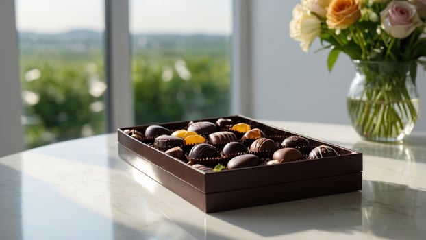 A box of chocolates sitting on a table with flowers photo