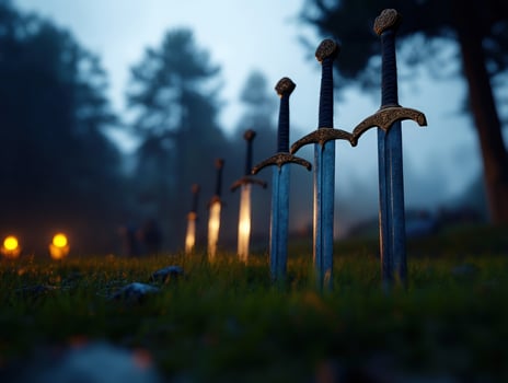Ancient Swords in a Misty Forest at Dusk photo