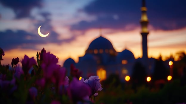 Serene Sunset at the Mosque A Crescent Moon's Embrace photo