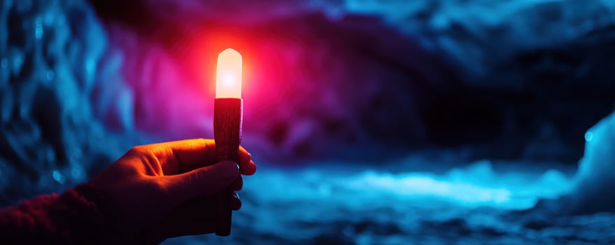 Illuminating the Cave's Depths A Hand Holding a Glowing Light Source in a Mystical Ice Cave photo
