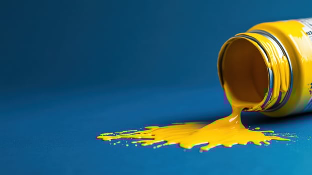 Spilled Yellow Paint on Blue Background A Vibrant Artistic Spill photo