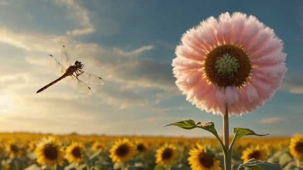 Dragonfly hovering near a pink flower in a sunflower field under a sunset sky photo
