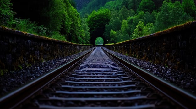 Railroad Tracks Leading to a Tunnel in Lush Green Forest photo