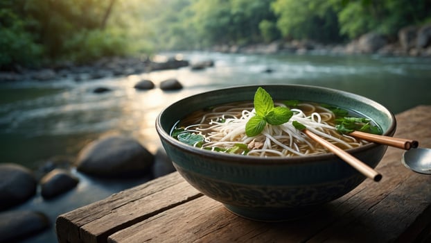 A serene bowl of noodles with herbs placed on a wooden table by a tranquil riverside photo
