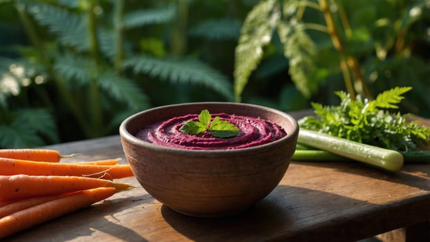Vibrant beetroot hummus served in a rustic bowl, surrounded by fresh carrots and herbs in a garden photo