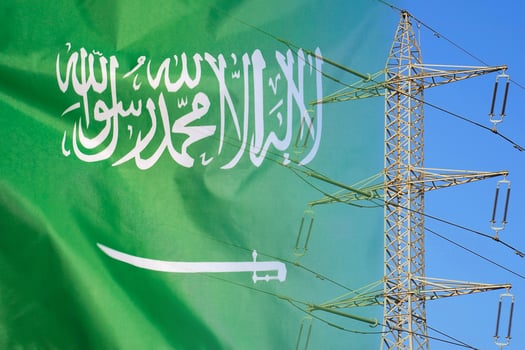 Saudi arabia flag on electric pole background. Increasing energy consumption, energy crisis in Saudi arabia. Price energy are getting more expensive photo
