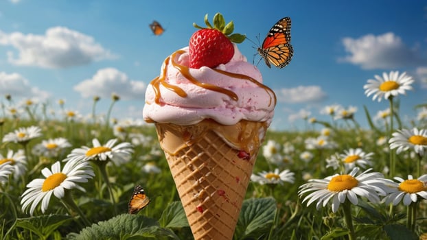 Delicious ice cream cone topped with strawberries and caramel, surrounded by daisies and butterflies in a sunny field photo
