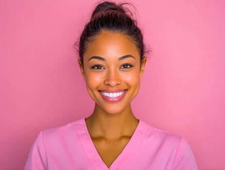 Radiant young woman in pink scrubs with a bright smile against a pink background photo