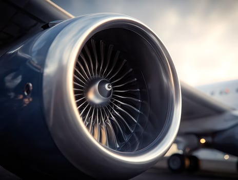 Close-up of a jet engine turbine with aircraft in the background photo