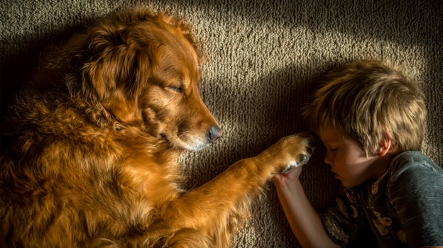 Heartwarming moment of friendship between a young boy and a dog photo