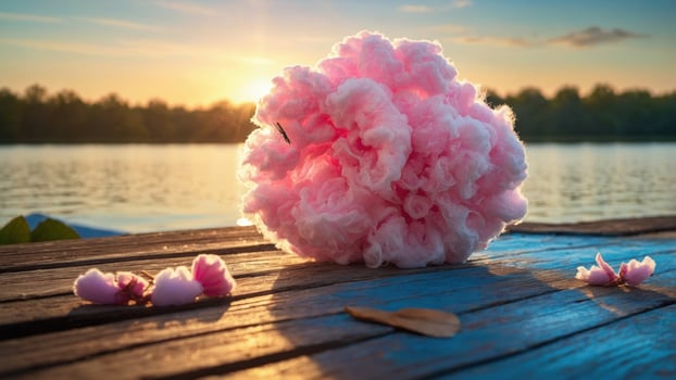 Pink cotton candy placed on a wooden dock by a serene lake during sunset, with flowers scattered around photo