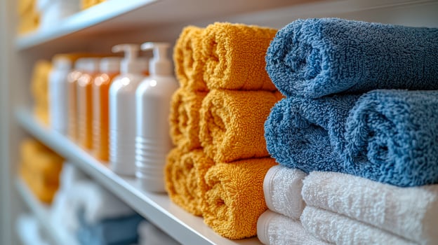 Neatly stacked colorful towels and soap dispensers on a shelf in a spa or bathroom setting photo