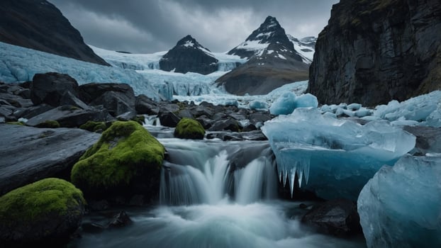 A serene glacial landscape featuring a waterfall cascading over rocks amidst towering mountains and ice photo