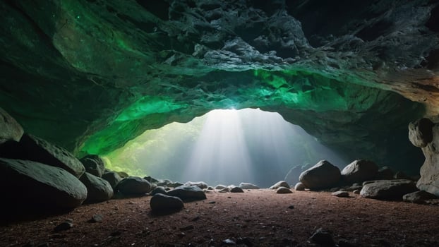 Ethereal cave interior illuminated by sunlight beams, showcasing rocks and vibrant green hues photo