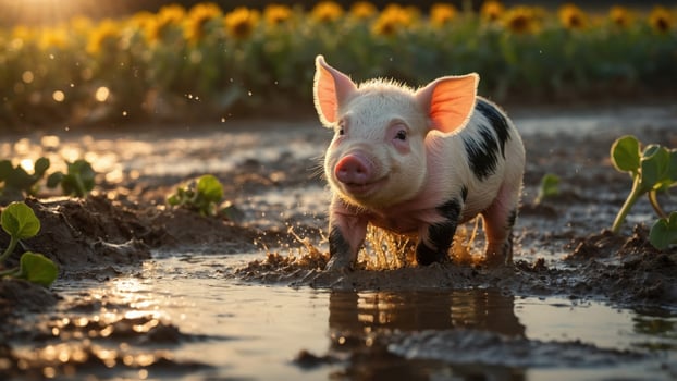 Playful piglet splashes in muddy water amidst a sunflower field during sunset, creating a joyful scene photo