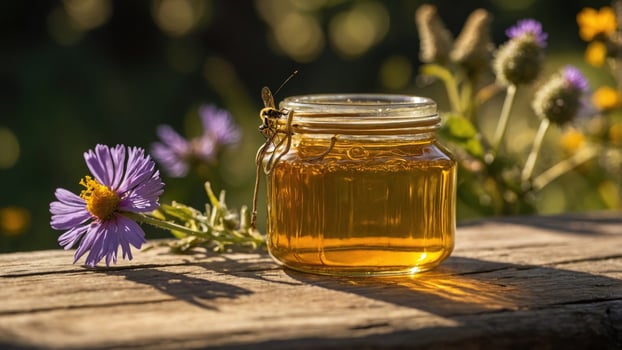Glass jar of honey placed on a wooden surface with purple flowers in a sunny garden background photo
