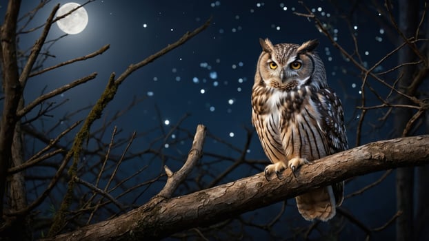 Majestic owl perched on a branch under a moonlit sky with twinkling stars in the background photo