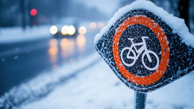 Snowy Bicycle Lane Sign Winter Commute in the City photo