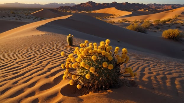 Vibrant desert landscape featuring a blooming cactus with yellow flowers against rolling sand dunes at sunset photo