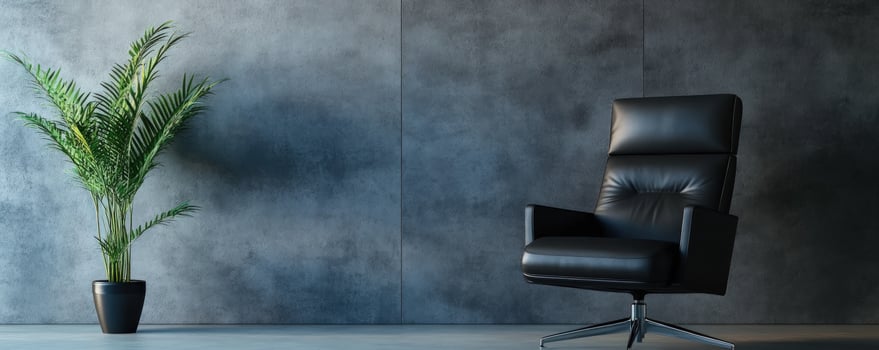 Modern Interior Design Black Leather Chair and Palm Plant photo