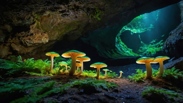 Enchanting glow of mushrooms in a mystical cave with lush greenery and ethereal lighting photo