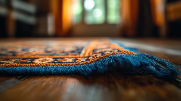 Closeup of an intricately patterned rug with blue fringe resting on a wooden floor. The warm lighting and shallow depth of field emphasize the texture and detail of the rug. photo