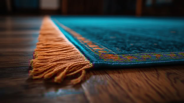 Teal and Orange Rug Detail A CloseUp of Textured Carpet Fringe photo