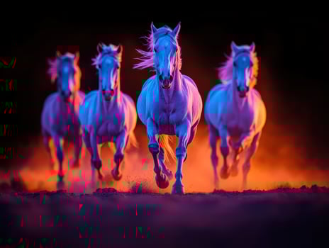Neon Night Run Majestic White Horses Galloping Under a Vibrant Sky photo