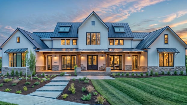 Modern farmhouse white exterior black accents, open living space, dark blue grey roof photo