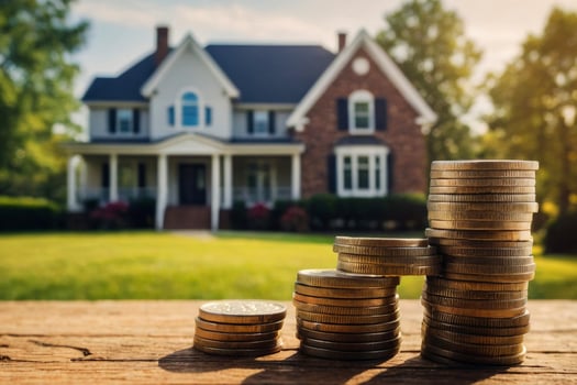 Saving and buying real estate of stacks of coins on the background of a house model photo