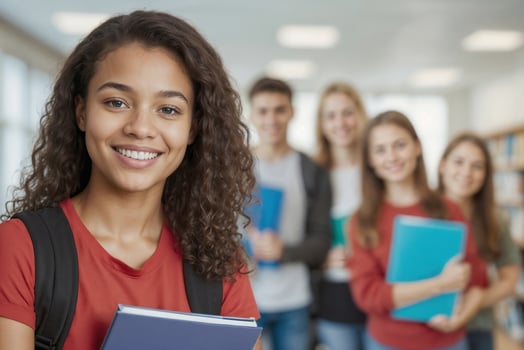 Portrait of student girl in the red shirt holding book and looking at the camera. A group of young people students are smiling and holding books photo
